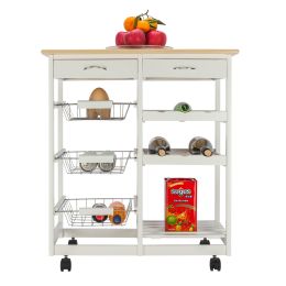 Free shipping Moveable Kitchen Cart with Two Drawers & Two Wine Racks & Three Baskets White  YJ