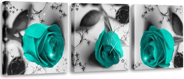 Large Turquoise Wall Art Rose Canvas Prints Black and Teal Flower Paintings Pictures for Living Room Bedroom Kitchen Home Decorations