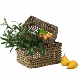 Set of 2 Rectangular Nesting Wicker Woven Storage Basket Bins for Bedroom, Kitchen and Home Decoration