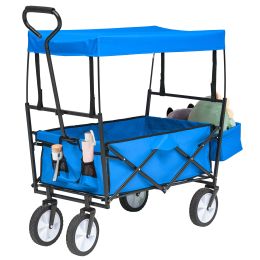 Collapsible Wagon Folding Cart with Canopy Beach Garden Outdoor Sport Utility Cart Wheels Adjustable Handle Rear Storage (Color: Blue)