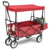 Collapsible Wagon Folding Cart with Canopy Beach Garden Outdoor Sport Utility Cart Wheels Adjustable Handle Rear Storage