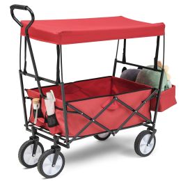 Collapsible Wagon Folding Cart with Canopy Beach Garden Outdoor Sport Utility Cart Wheels Adjustable Handle Rear Storage (Color: Red)